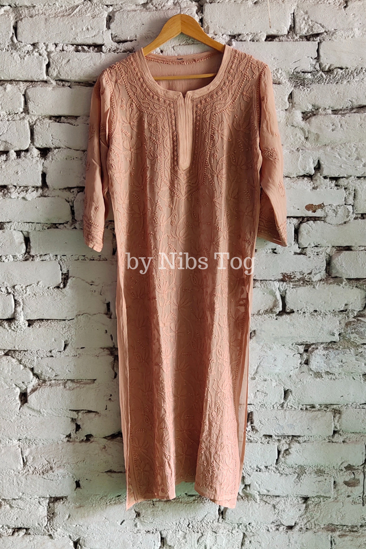 Brown Viscose Georgette Chikankari Kurta with Slip
