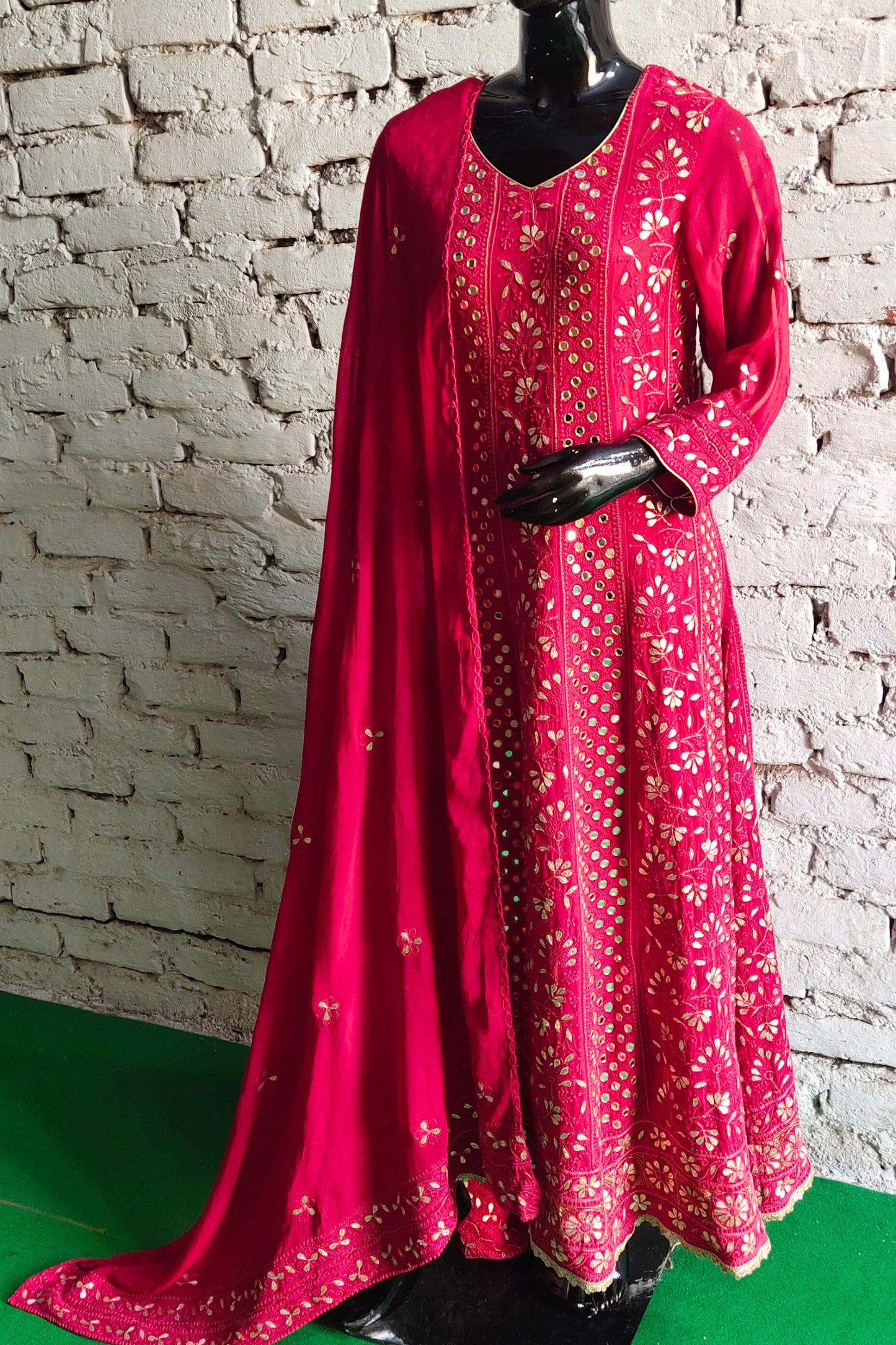 Deep Red Chikankari Anarkali Suit with Gotta Patti and Mirror