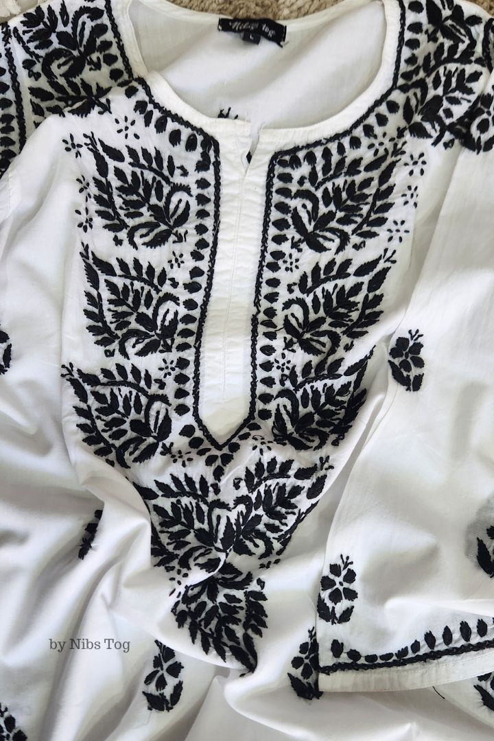 White n Black Cotton Chikankari Kurta with Tulip Pants