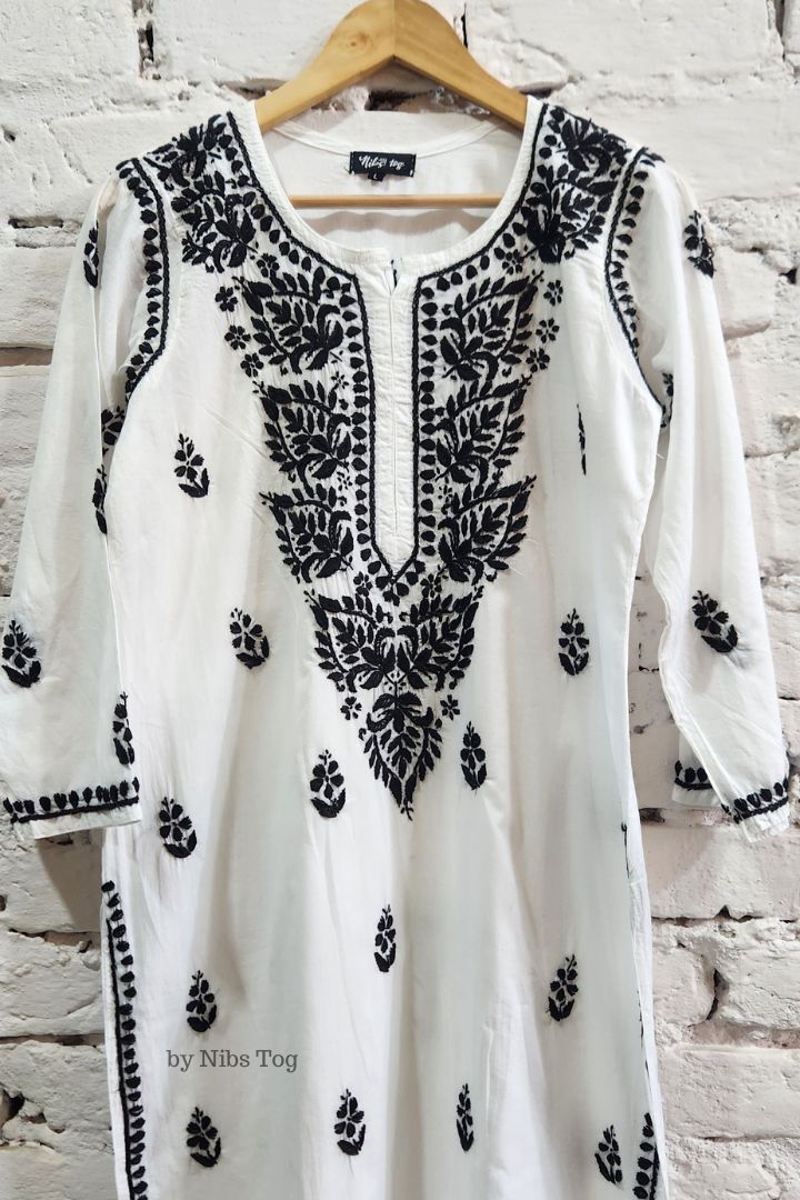 White n Black Cotton Chikankari Kurta with Tulip Pants