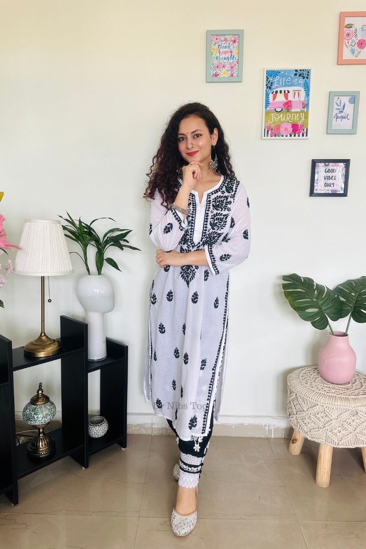 White n Black Cotton Chikankari Kurta with Tulip Pants