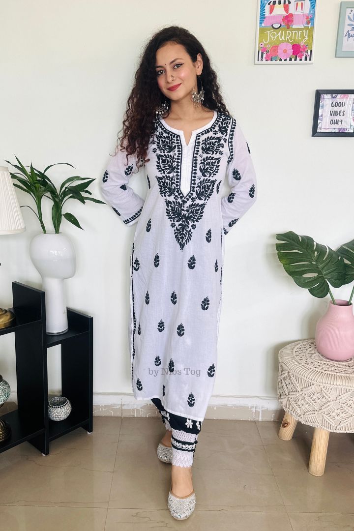 White n Black Cotton Chikankari Kurta with Tulip Pants