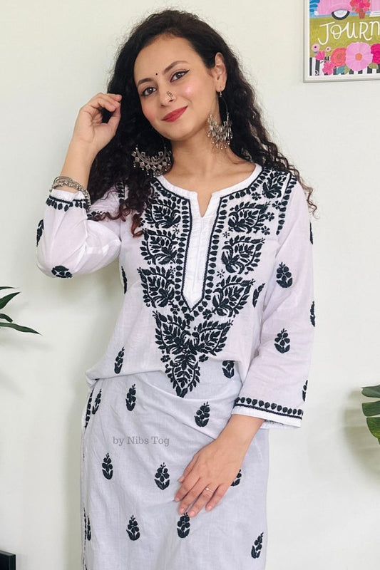 White n Black Cotton Chikankari Kurta with Tulip Pants