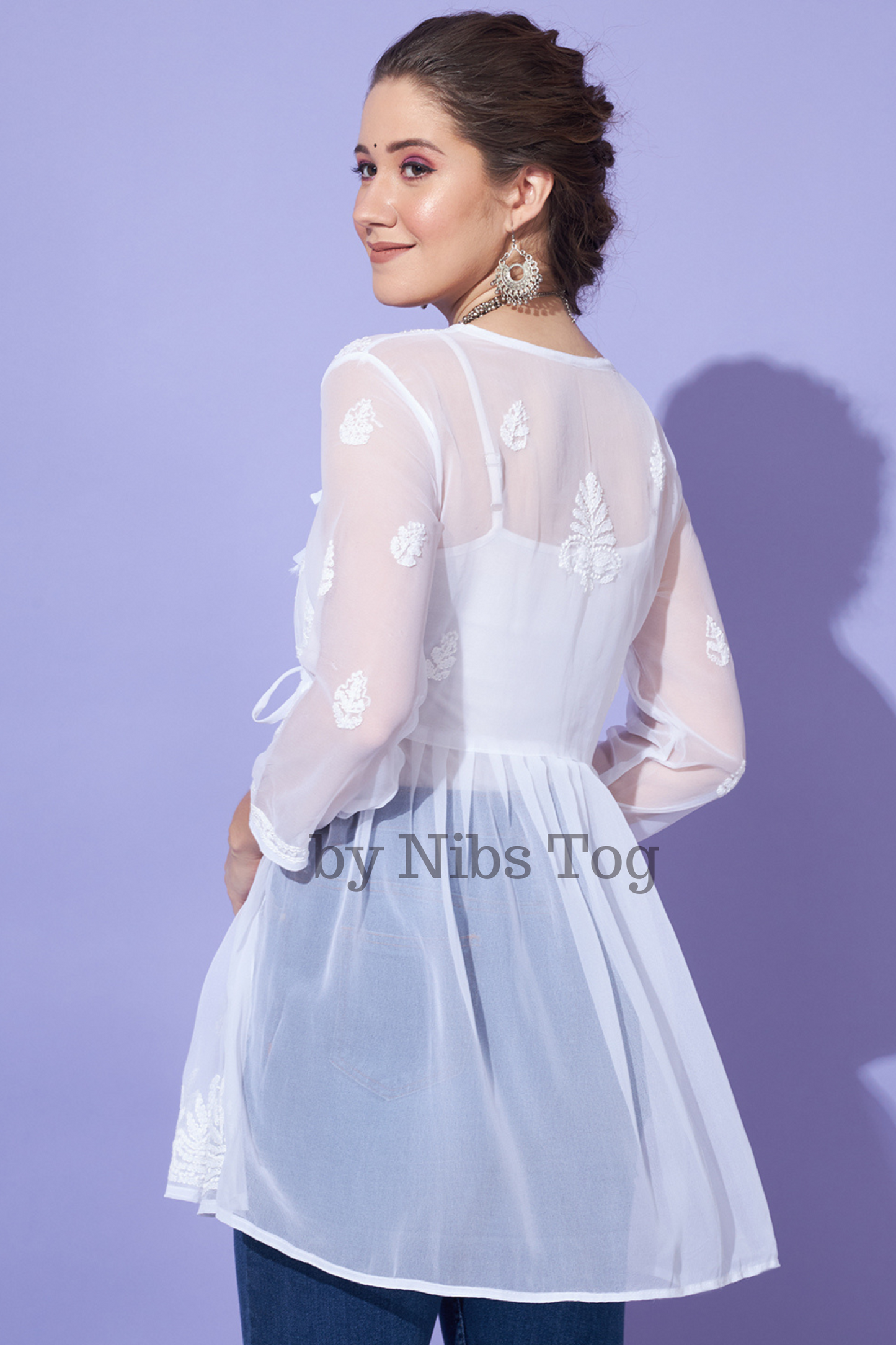 Angrakha Style Georgette Chikankari Short Kurta White with Camisole