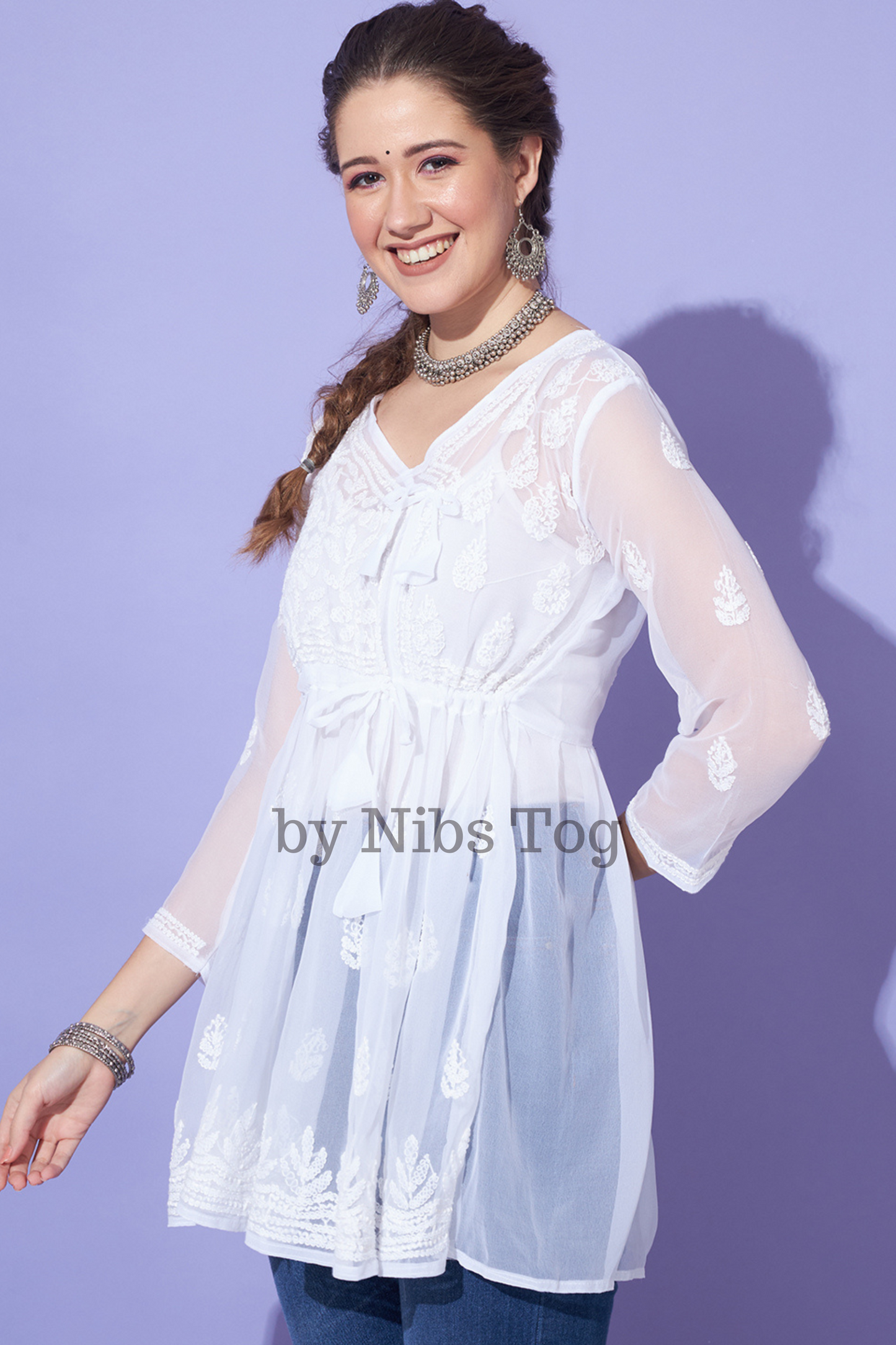 Angrakha Style Georgette Chikankari Short Kurta White with Camisole