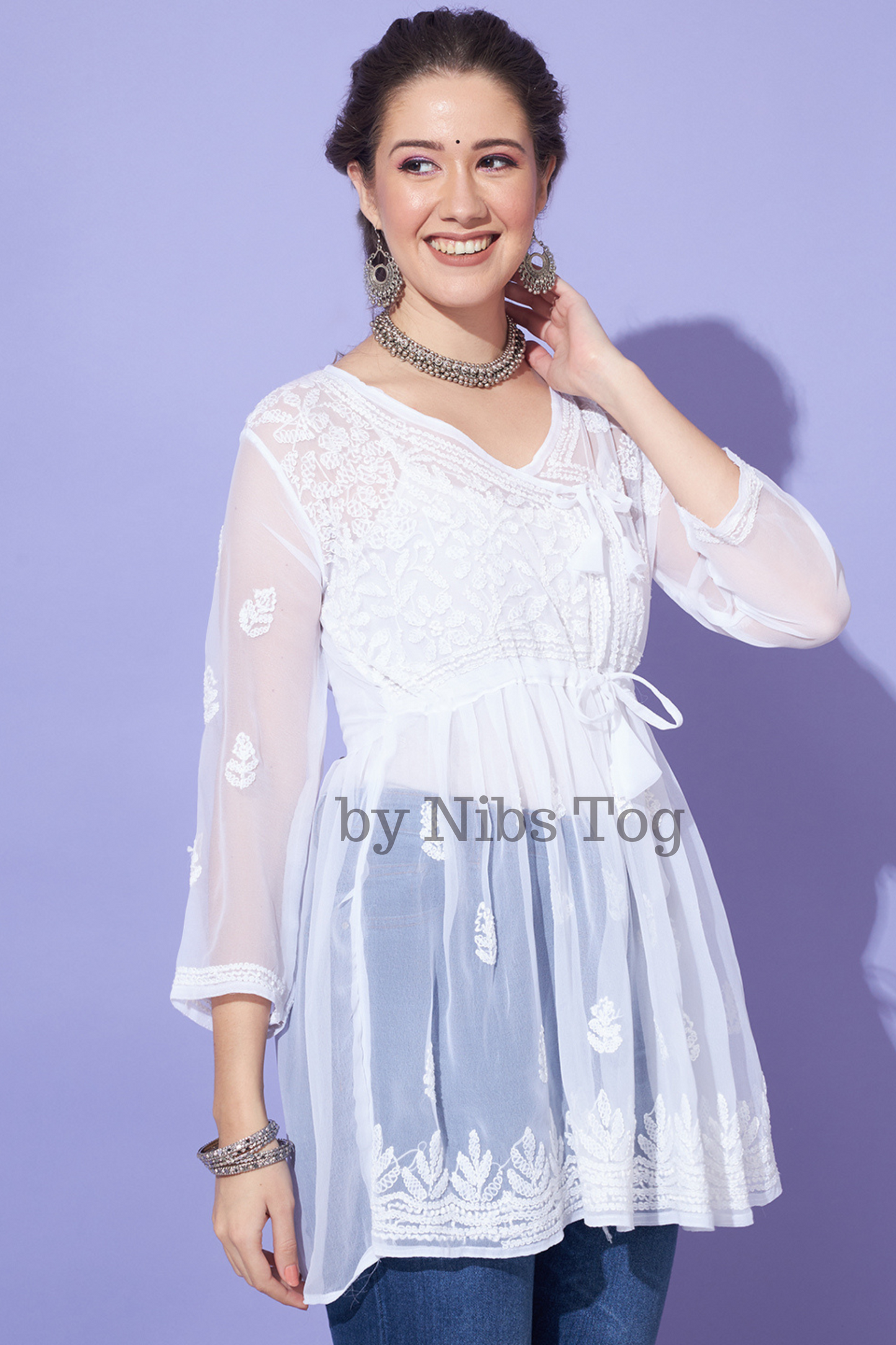 Angrakha Style Georgette Chikankari Short Kurta White with Camisole