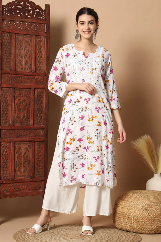 White Pink Anisa Straight Chikankari Kurta Mulmul Printed