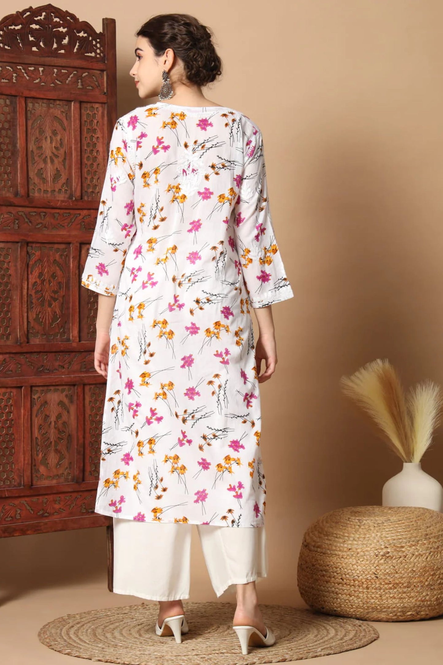 White Pink Anisa Straight Chikankari Kurta Mulmul Printed