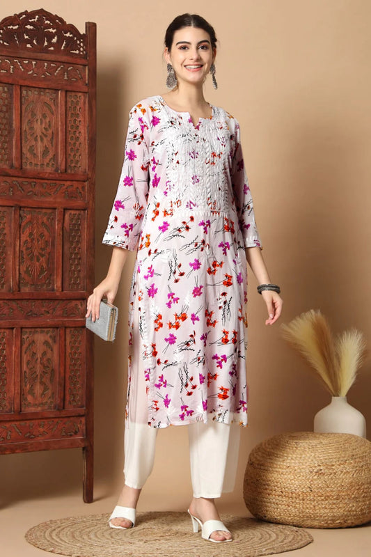 Floral Print Anisa White Chikankari Straight Kurta