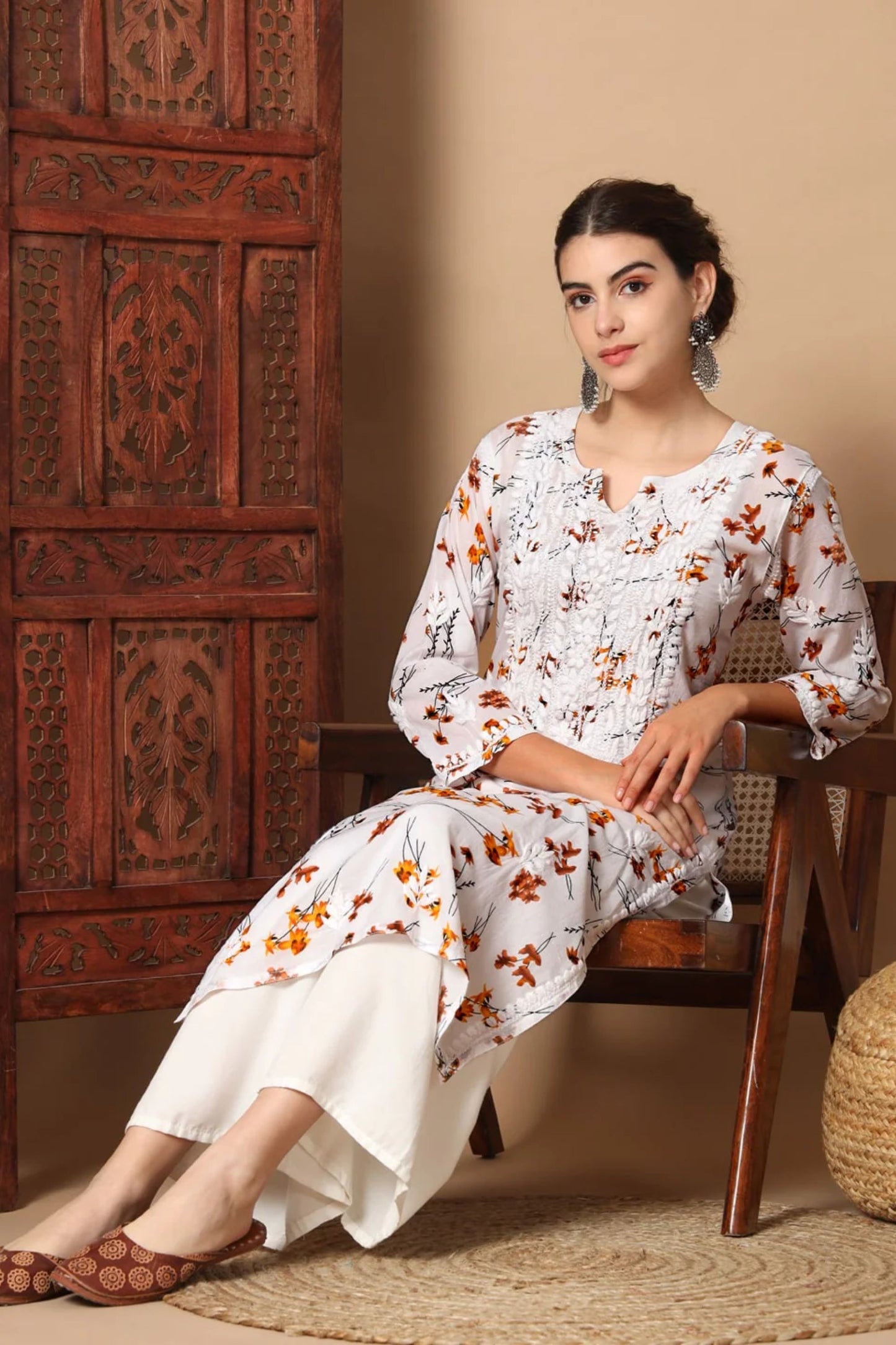 Printed White Anisa Straight Chikankari Kurta Mulmul Cotton