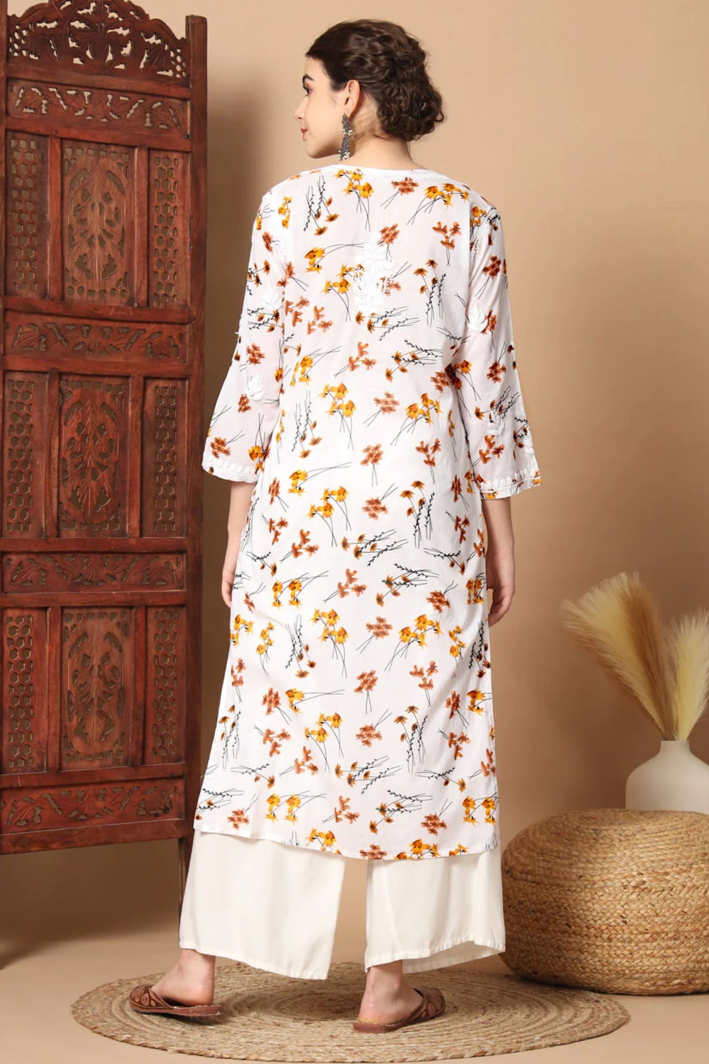 Printed White Anisa Straight Chikankari Kurta Mulmul Cotton
