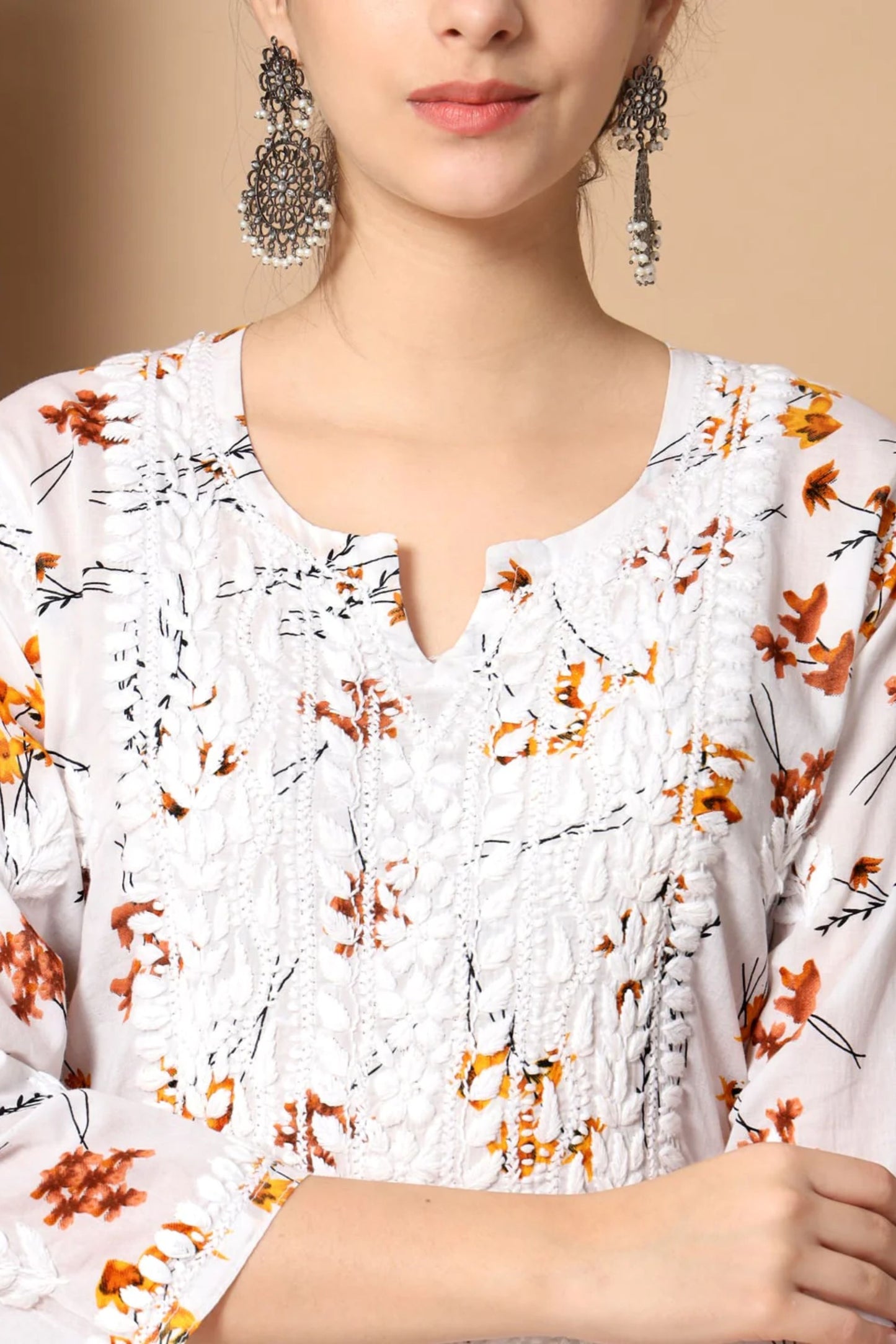 Printed White Anisa Straight Chikankari Kurta Mulmul Cotton