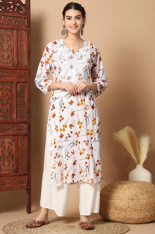 Printed White Anisa Straight Chikankari Kurta Mulmul Cotton