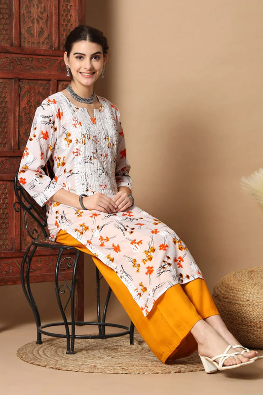 White Anisa Straight Chikankari Kurta Mulmul Printed