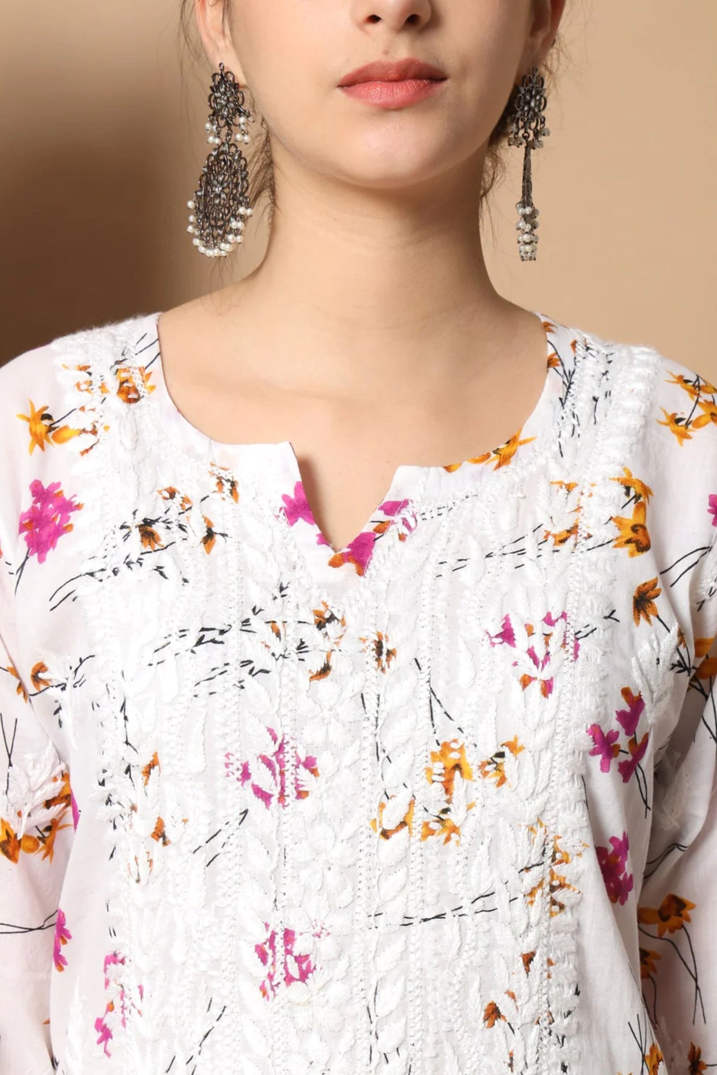 White Pink Anisa Straight Chikankari Kurta Mulmul Printed