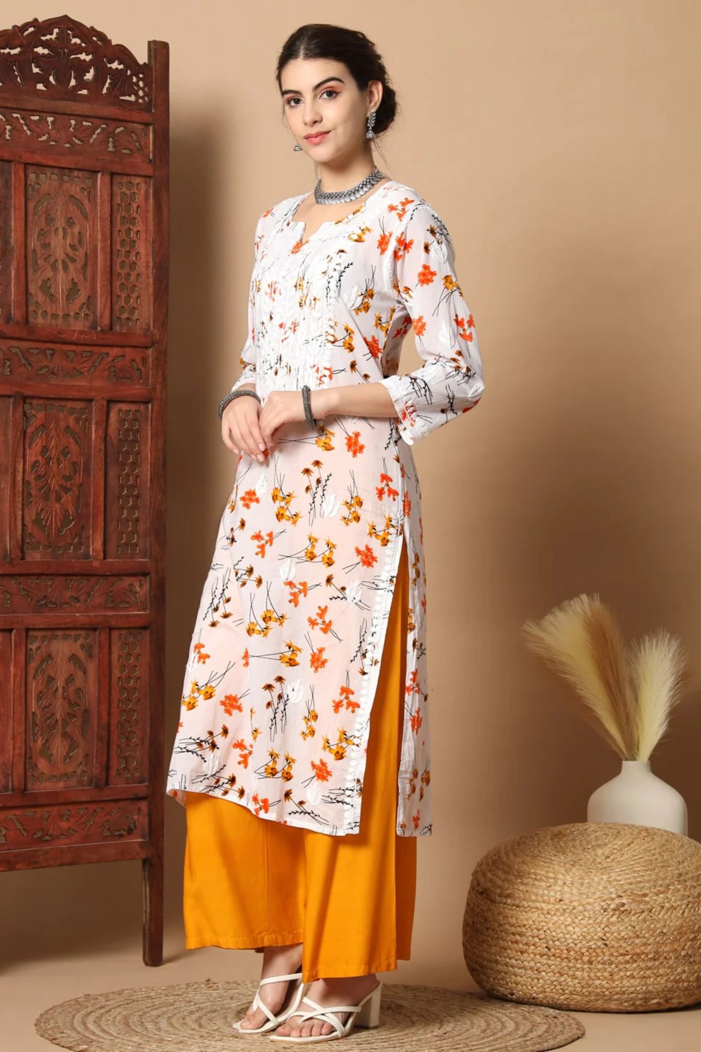 White Anisa Straight Chikankari Kurta Mulmul Printed