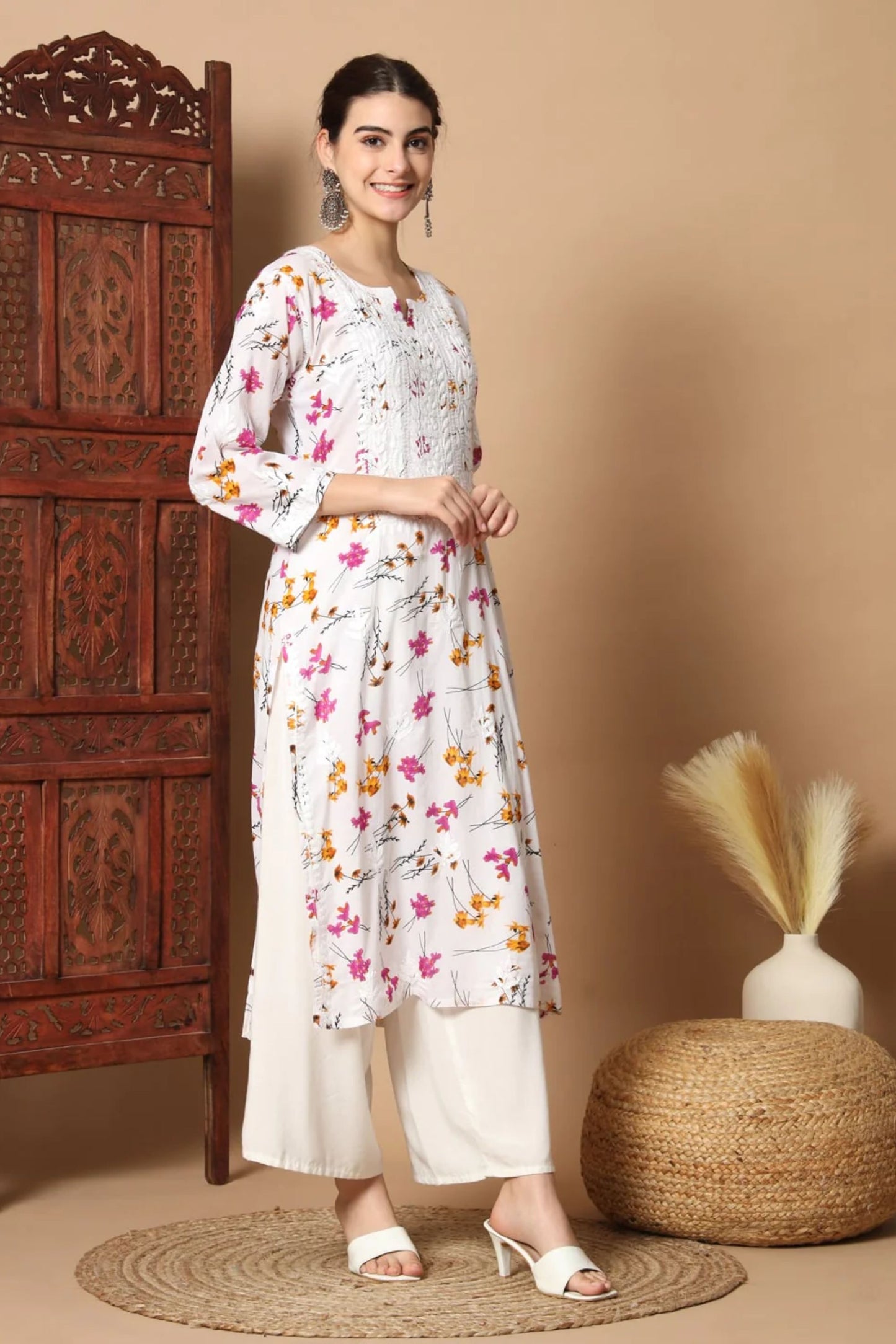 White Pink Anisa Straight Chikankari Kurta Mulmul Printed