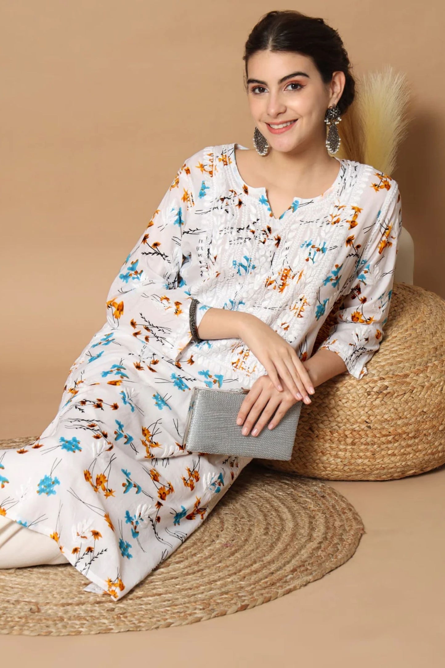 Floral Print Anisa White & Blue Chikankari Straight Kurta