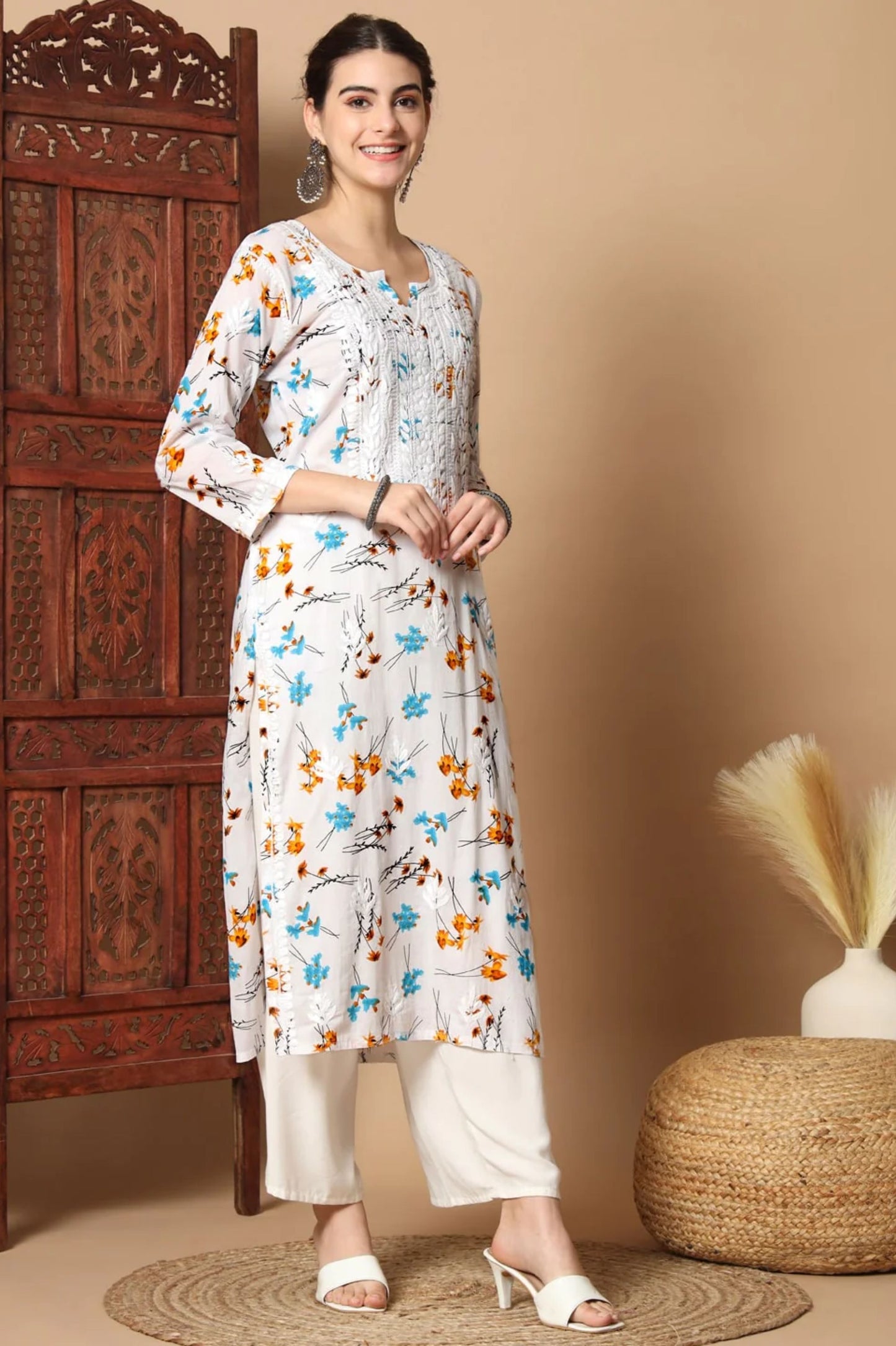 Floral Print Anisa White & Blue Chikankari Straight Kurta