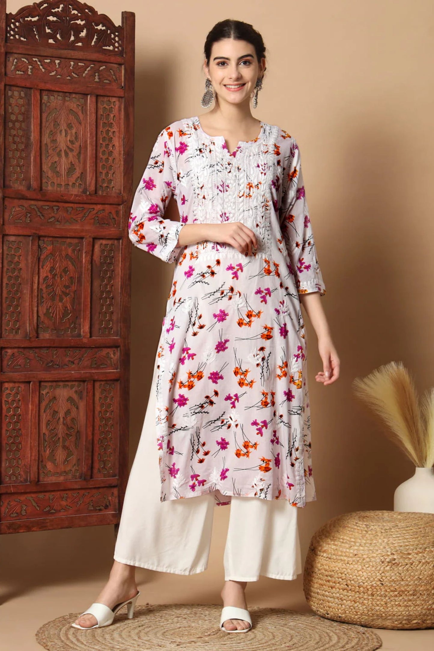 Floral Print Anisa White Chikankari Straight Kurta