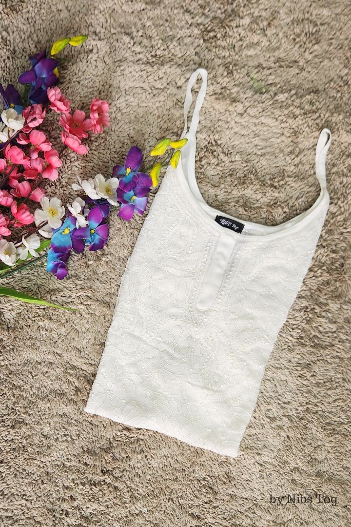 Hoor White Strappy Chikankari Short kurti/Top