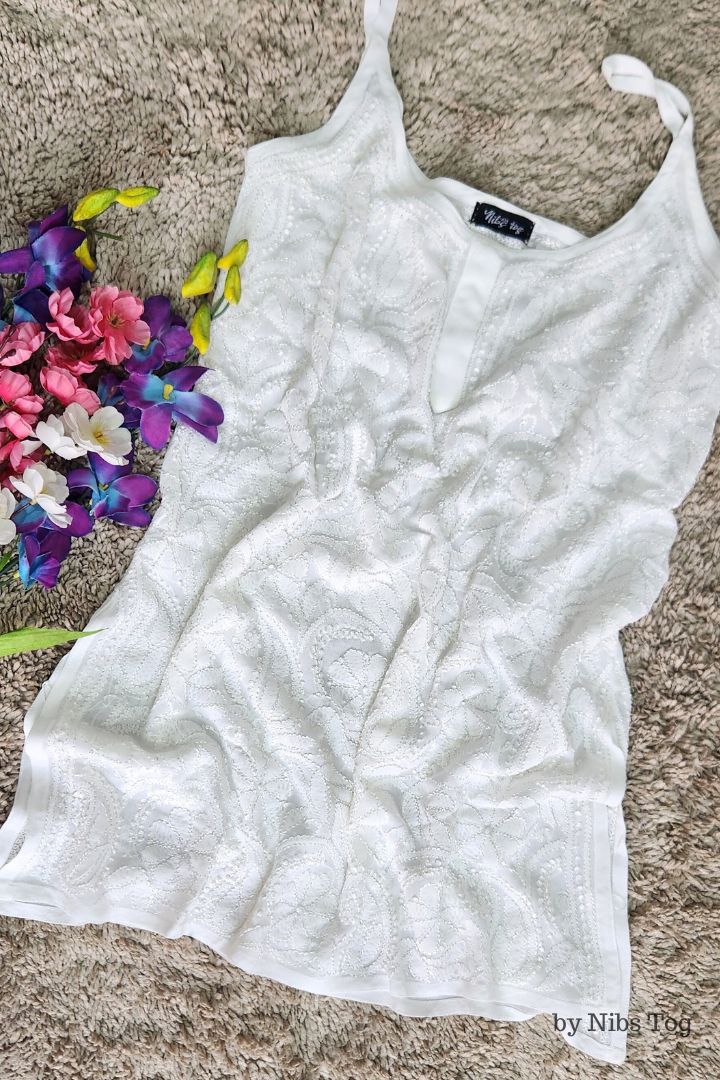 Hoor White Strappy Chikankari Short kurti/Top