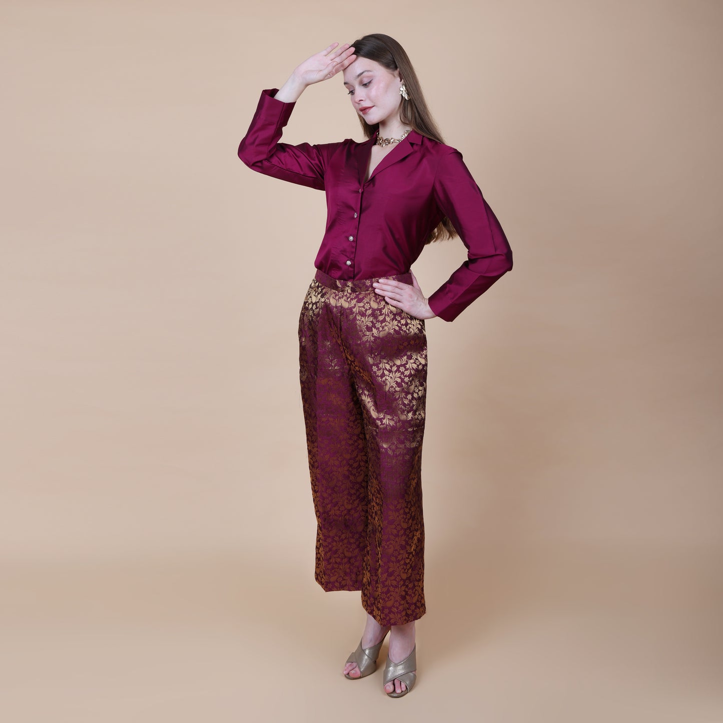 Wine Brocade Pants with Silk Shirt Set