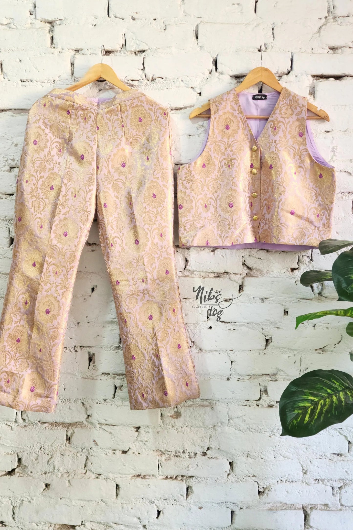 Lilac n Gold Vest Brocade Coat Set