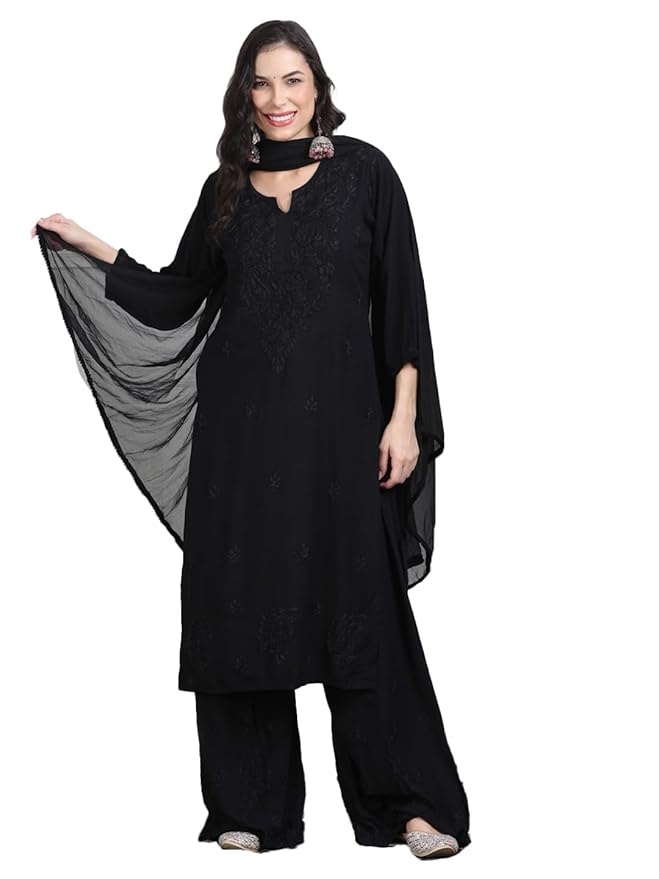 Black Cotton Chikankari Kurta Palazzo Set with Dupatta