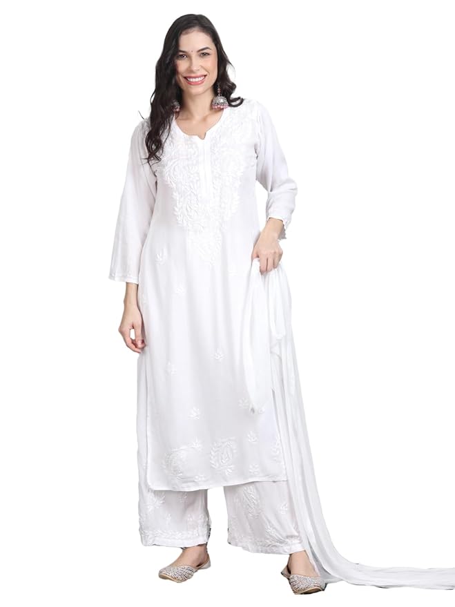 White Cotton Chikankari Kurta Palazzo Set with Dupatta