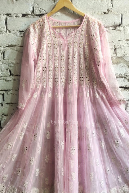 56 kali Chikankari Anarkali Suit with Mirror Work