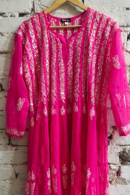 56 kali Chikankari Anarkali Kurta Pant Set