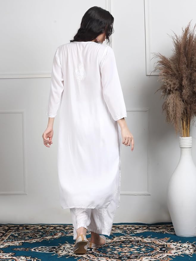 White Cotton Chikankari Kurta Palazzo Set with Dupatta