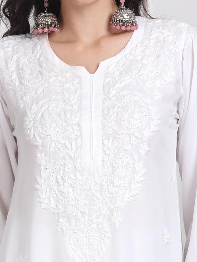 White Cotton Chikankari Kurta Palazzo Set with Dupatta