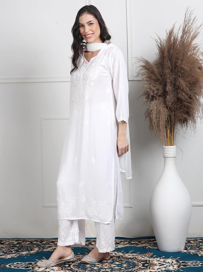 White Cotton Chikankari Kurta Palazzo Set with Dupatta