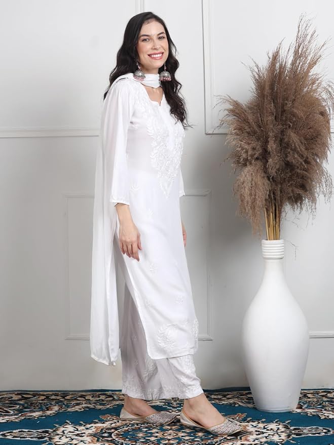 White Cotton Chikankari Kurta Palazzo Set with Dupatta