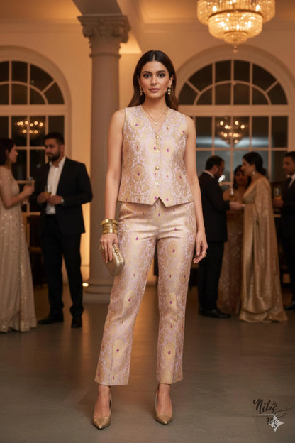 Lilac n Gold Vest Brocade Coat Set