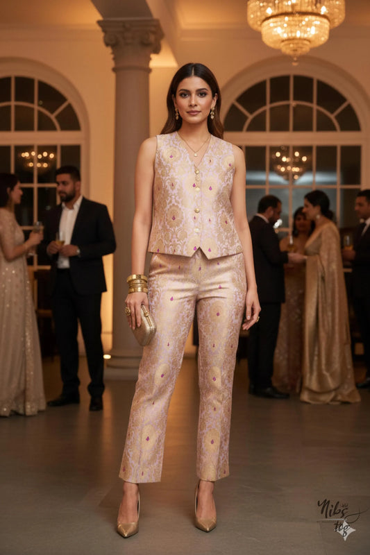 Lilac n Gold Vest Brocade Coat Set