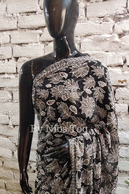 Handmade Black Chikankari Saree Georgette Full Jaal Embroidery