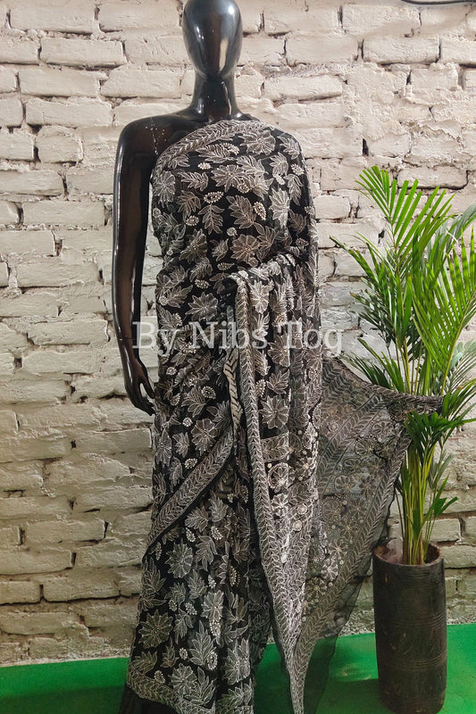 Handmade Black Chikankari Saree Georgette Full Jaal Embroidery