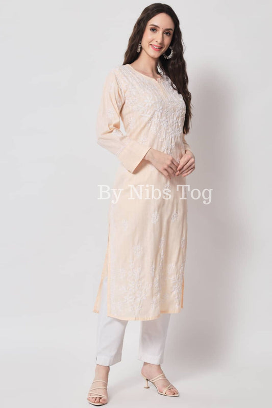 Peach Women's Straight Chikankari Kurta Cotton