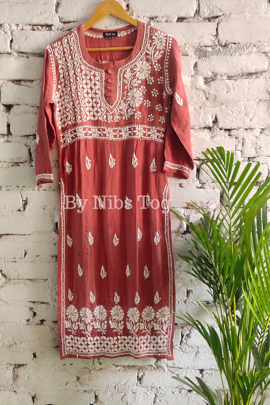 Women's Straight Cotton Lucknowi Chikankari Kurta Nude Rust