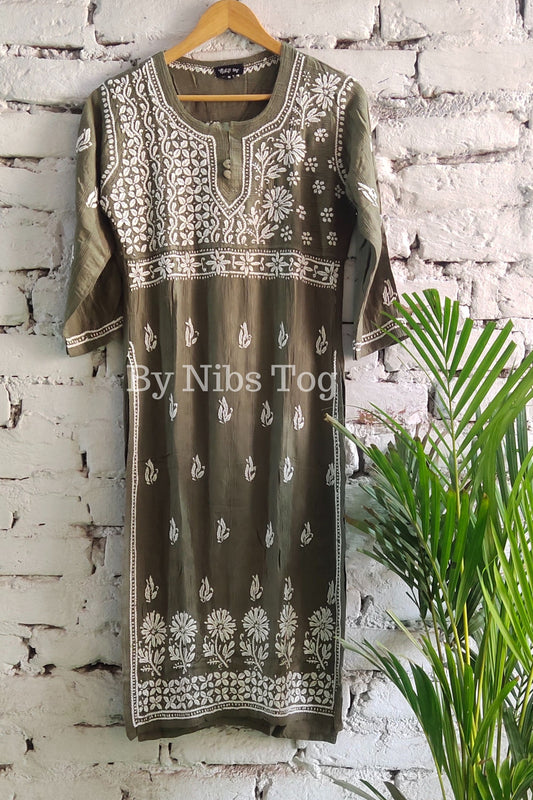 Lucknowi Chikankari Kurti for Women Cotton Olive Green