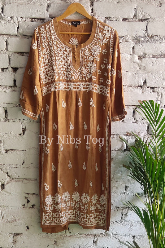 Cotton Straight Lucknowi Chikankari Kurta for Women Beige