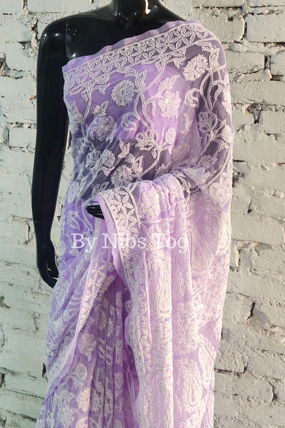 Lilac Chikankari Saree Georgette Full Jaal Work