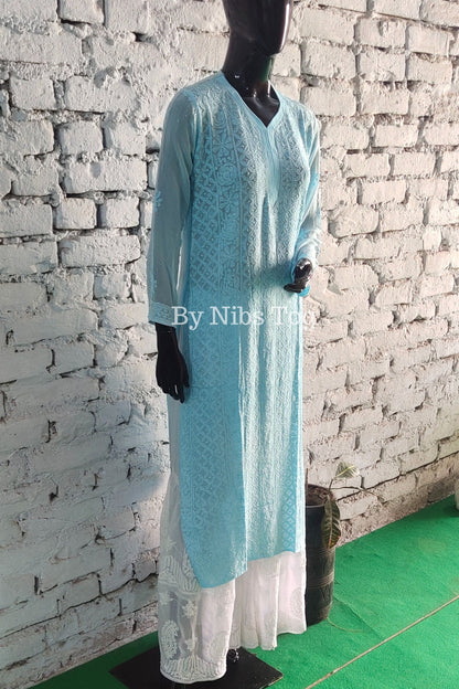 Light Blue Women's Straight Chikankari Kurta Viscose Georgette with FREE Slip