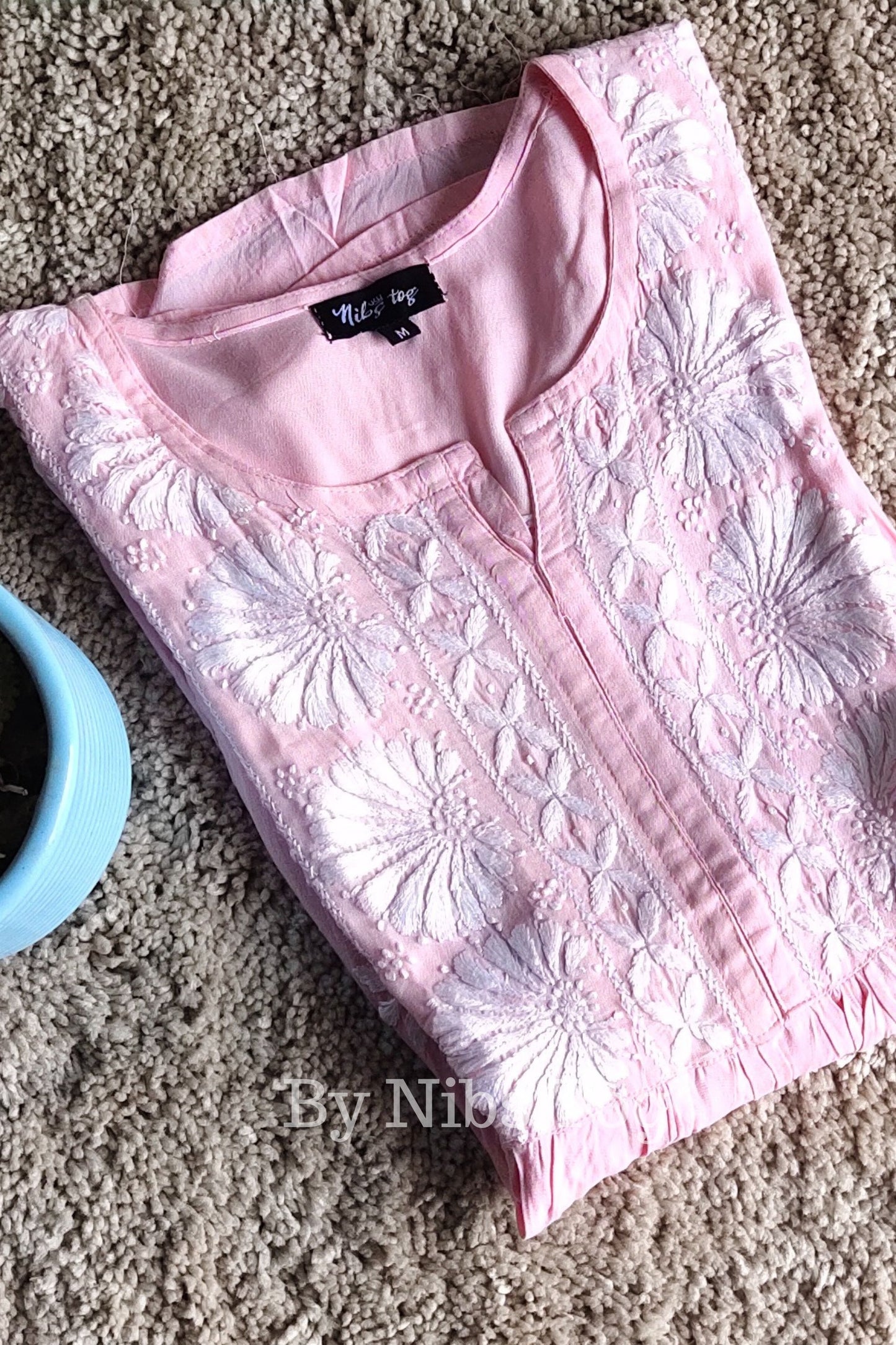 Pink Cotton Chikankari Short Kurta frock style for Women