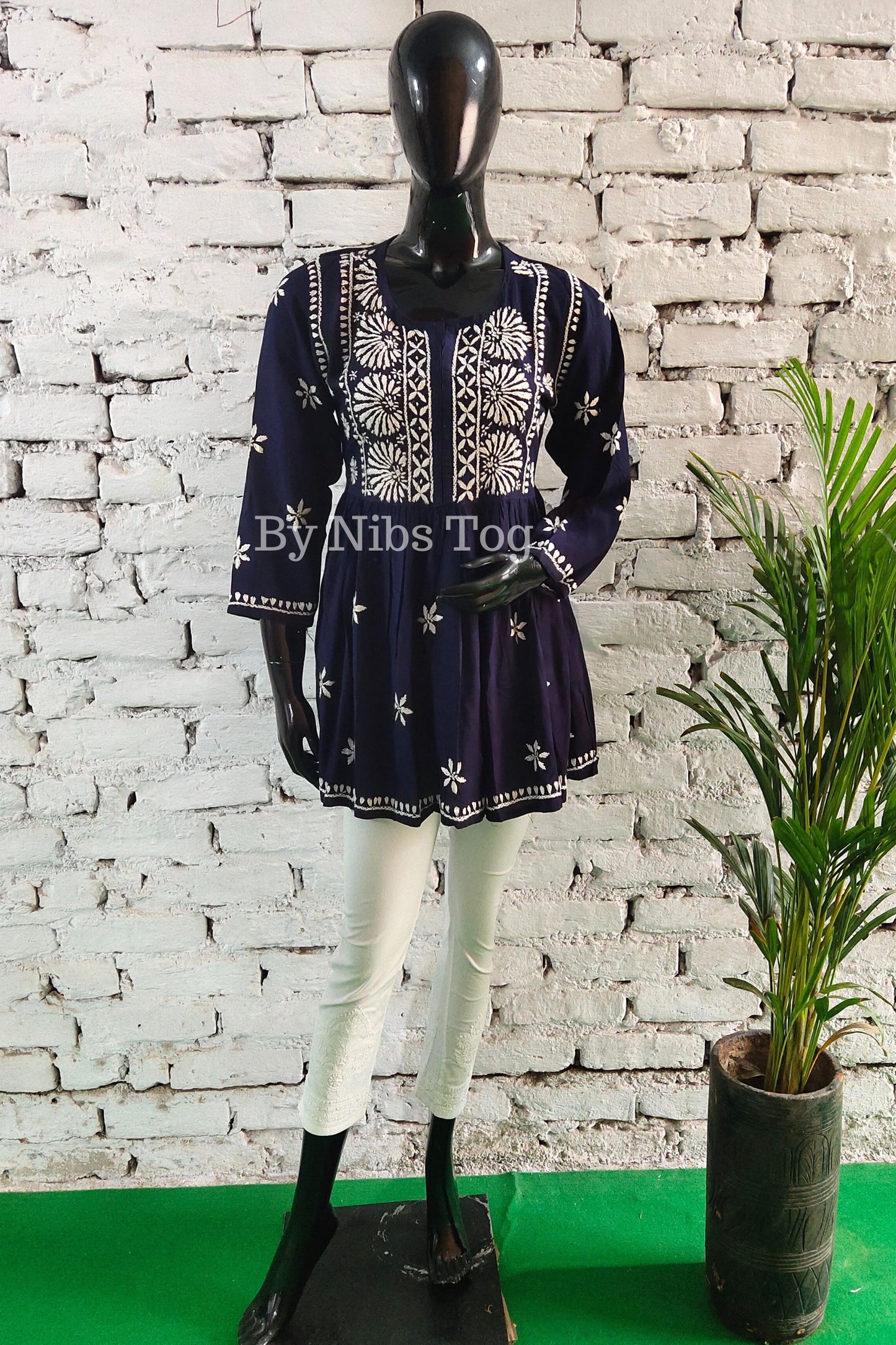 Blue Cotton Chikankari Short Kurta frock style for Women