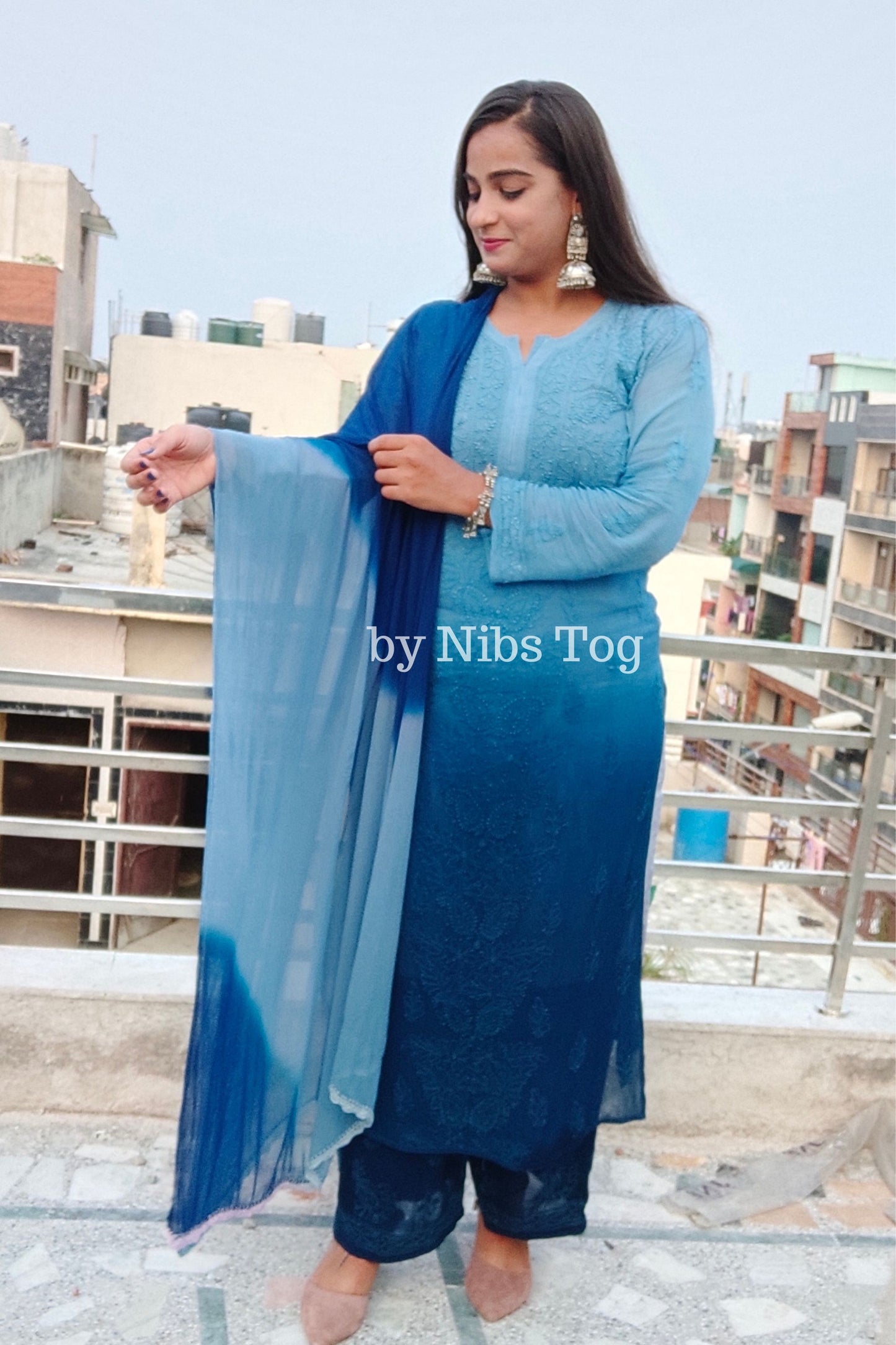 Ombre Blue Viscose Chikankari Kurta Palazzo Set with Dupatta