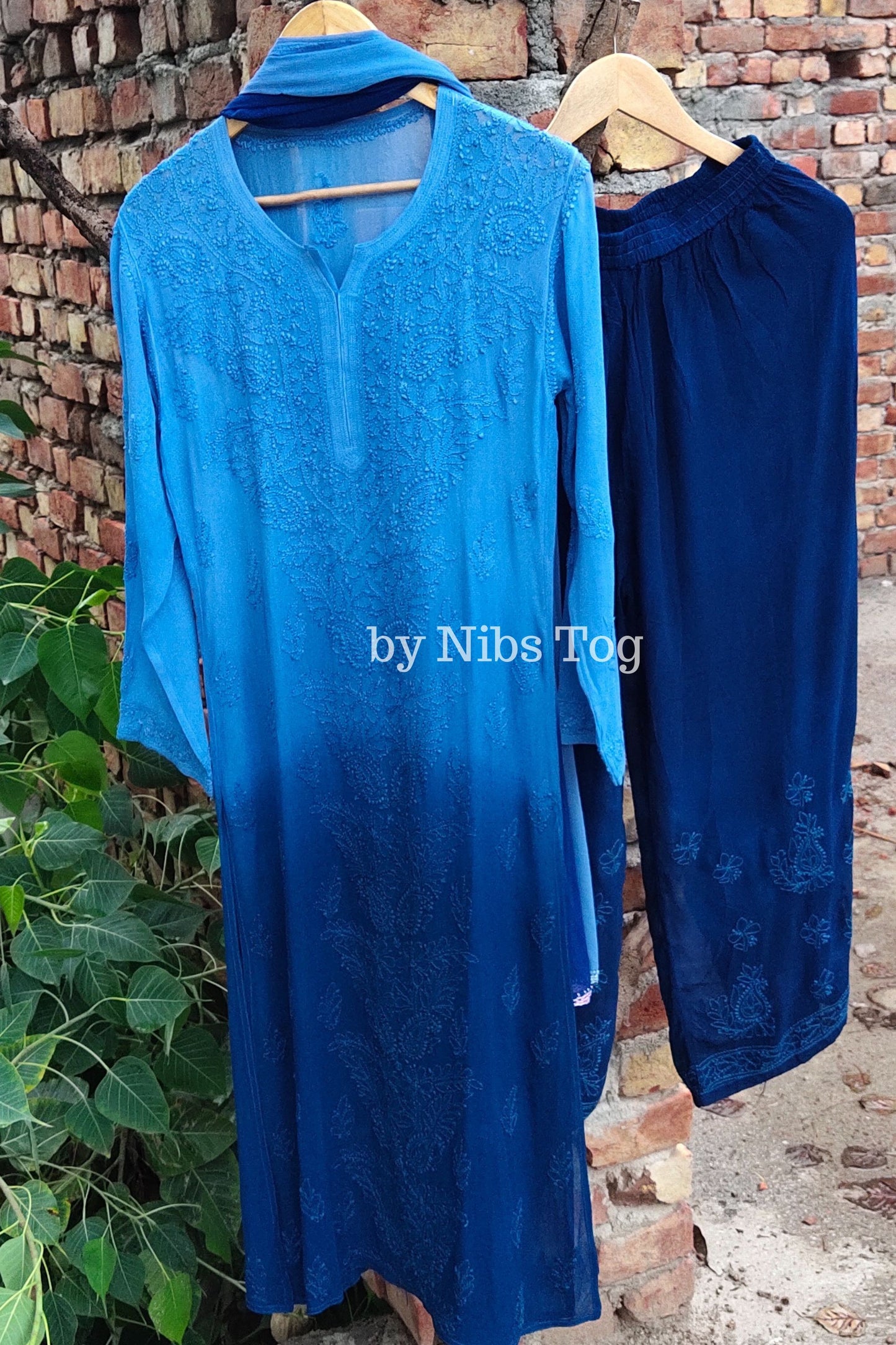 Ombre Blue Viscose Chikankari Kurta Palazzo Set with Dupatta